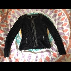 CUTE zip up black sweater which leather accents